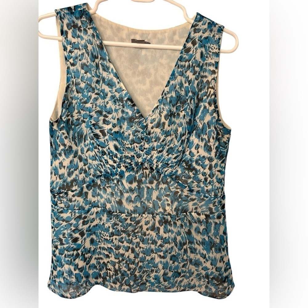 Ann Taylor 100% Silk Floral Teal Gray Cream Sheer Lined Top Blouse Women